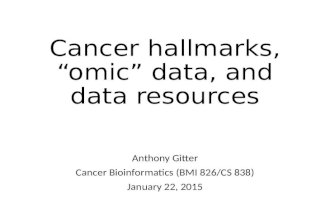 Cancer hallmarks, “omic” data, and data resources Anthony Gitter Cancer Bioinformatics (BMI 826/CS 838) January 22, 2015.