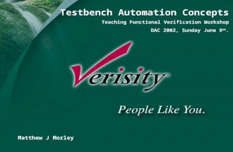 Title of Presentation Presenter Matthew J Morley Teaching Functional Verification Workshop DAC 2002, Sunday June 9 th. Testbench Automation Concepts.