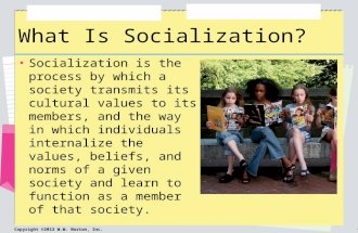 Copyright ©2013 W.W. Norton, Inc. 1 What Is Socialization? Socialization is the process by which a society transmits its cultural values to its members,