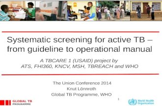 GLOBAL TB PROGRAMME Systematic screening for active TB – from guideline to operational manual A TBCARE 1 (USAID) project by ATS, FHI360, KNCV, MSH, TBREACH.
