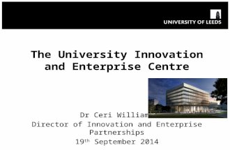 The University Innovation and Enterprise Centre Dr Ceri Williams Director of Innovation and Enterprise Partnerships 19 th September 2014.