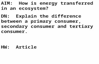 AIM: How is energy transferred in an ecosystem? DN: Explain the difference between a primary consumer, secondary consumer and tertiary consumer. HW: Article.