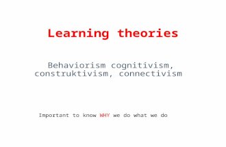 Learning theories Behaviorism cognitivism, construktivism, connectivism Important to know WHY we do what we do.