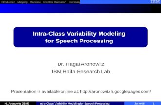 Introduction Mapping Modeling Speaker Diarization Summary H. Aronowitz (IBM) Intra-Class Variability Modeling for Speech Processing June 08 1 Dr. Hagai.