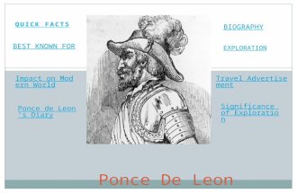 QUICK FACTS Ponce De Leon BEST KNOWN FOR BIOGRAPHY EXPLORATION Impact on Modern World Ponce de Leon’s Diary Travel Advertisement Significance of Exploration.