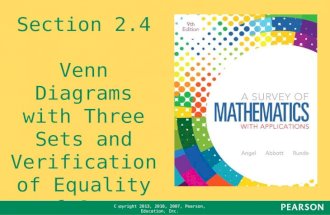 Copyright 2013, 2010, 2007, Pearson, Education, Inc. Section 2.4 Venn Diagrams with Three Sets and Verification of Equality of Sets.