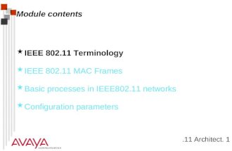 .11 Architect. 1 Module contents  IEEE 802.11 Terminology  IEEE 802.11 MAC Frames  Basic processes in IEEE802.11 networks  Configuration parameters.
