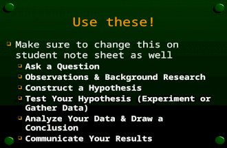Use these! o Make sure to change this on student note sheet as well o Ask a Question o Observations & Background Research o Construct a Hypothesis o Test.