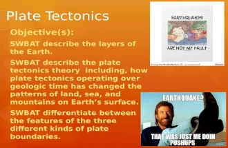 Plate Tectonics Objective(s): SWBAT describe the layers of the Earth. SWBAT describe the plate tectonics theory including, how plate tectonics operating.