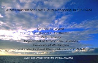 A Mechanism for Low Cloud Response in SP-CAM Matthew C. Wyant Christopher S. Bretherton Peter Blossey Department of Atmospheric Sciences University of.