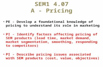 SEM1 4.07 A - Pricing PE - Develop a foundational knowledge of pricing to understand its role in marketing PI - Identify factors affecting pricing of SEM.