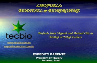 LIPOFUELS: BIODIESEL & BIOKEROSENE EXPEDITO PARENTE President of TECBIO Fortaleza, Brazil  expedito@tecbio.com.br Biofuels from Vegetal.