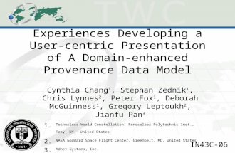 Experiences Developing a User- centric Presentation of A Domain- enhanced Provenance Data Model Cynthia Chang 1, Stephan Zednik 1, Chris Lynnes 2, Peter.