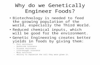 Why do we Genetically Engineer Foods? Biotechnology is needed to feed the growing population of the world, especially the Third World. Reduced chemical.