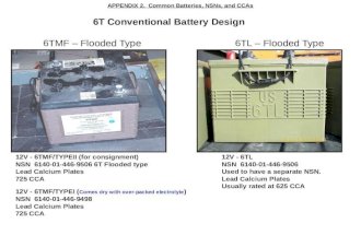 6T Conventional Battery Design 6TMF – Flooded Type6TL – Flooded Type 12V - 6TL NSN 6140-01-446-9506 Used to have a separate NSN. Lead Calcium Plates Usually.