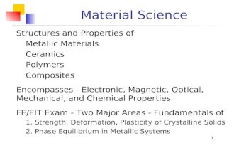 1 Material Science  Structures and Properties of  Metallic Materials  Ceramics  Polymers  Composites  Encompasses - Electronic, Magnetic, Optical,