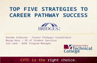 CVTC is the right choice. TOP FIVE STRATEGIES TO CAREER PATHWAY SUCCESS Brenda Scheurer – Career Pathways Coordinator Margo Keys – VP of Student Services.