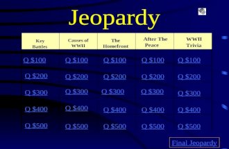 Jeopardy Key Battles Causes of WWII The Homefront After The Peace WWII Trivia Q $100 Q $200 Q $300 Q $400 Q $500 Q $100 Q $200 Q $300 Q $400 Q $500 Final.