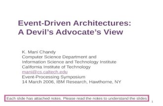 1 Event-Driven Architectures: A Devil’s Advocate’s View K. Mani Chandy Computer Science Department and Information Science and Technology Institute California.