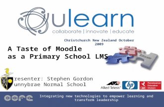 Christchurch New Zealand October 2009 Integrating new technologies to empower learning and transform leadership A Taste of Moodle as a Primary School LMS.