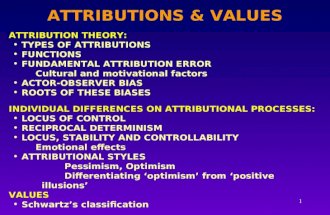 1 ATTRIBUTIONS & VALUES ATTRIBUTION THEORY: TYPES OF ATTRIBUTIONS FUNCTIONS FUNDAMENTAL ATTRIBUTION ERROR Cultural and motivational factors ACTOR-OBSERVER.