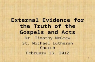 1 External Evidence for the Truth of the Gospels and Acts Dr. Timothy McGrew St. Michael Lutheran Church February 13, 2012.