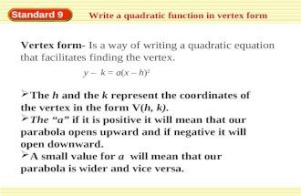 Standard 9 Write a quadratic function in vertex form Vertex form- Is a way of writing a quadratic equation that facilitates finding the vertex. y – k =