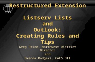 Restructured Extension Listserv Lists and Outlook: Creating Rules and Tips By: Greg Price, Northwest District Director and Brenda Rodgers, CAES OIT.