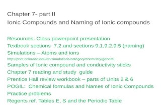 Chapter 7- part II Ionic Compounds and Naming of Ionic compounds Resources: Class powerpoint presentation Textbook sections 7.2 and sections 9.1,9.2,9.5.