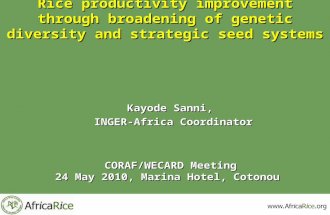 Rice productivity improvement through broadening of genetic diversity and strategic seed systems Kayode Sanni, INGER-Africa Coordinator CORAF/WECARD Meeting.