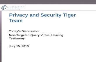 Privacy and Security Tiger Team Today’s Discussion: Non-Targeted Query Virtual Hearing Testimony July 15, 2013.