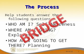 The Process Help students answer the following questions: WHO AM I? Self-Awareness WHERE AM I GOING? Exploration HOW AM I GOING TO GET THERE? Planning.