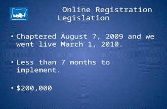 Online Registration Legislation Chaptered August 7, 2009 and we went live March 1, 2010. Less than 7 months to implement. $200,000.