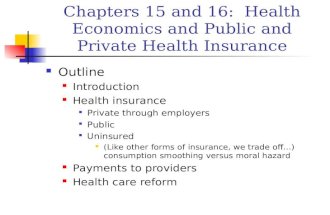 Chapters 15 and 16: Health Economics and Public and Private Health Insurance Outline Introduction Health insurance Private through employers Public Uninsured.