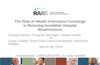 The Role of Health Information Exchange in Reducing Avoidable Hospital Readmissions Candy Hanson, Program Manager, Stratis Health & Coral Lindahl, Point.