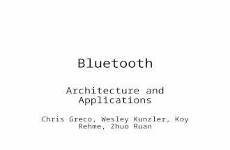 Bluetooth Architecture and Applications Chris Greco, Wesley Kunzler, Koy Rehme, Zhuo Ruan.