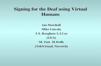 Signing for the Deaf using Virtual Humans Ian Marshall Mike Lincoln J.A. Bangham S.J.Cox (UEA) M. Tutt M.Wells (TeleVirtual, Norwich)
