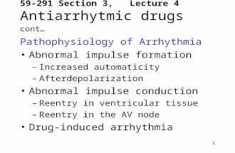 1 59-291 Section 3, Lecture 4 Antiarrhytmic drugs cont… Pathophysiology of Arrhythmia Abnormal impulse formation –Increased automaticity –Afterdepolarization.