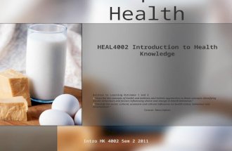 Nutrition and Optimum Health HEAL4002 Introduction to Health Knowledge Relates to Learning Outcomes 1 and 2   “Describe the concepts of health and.