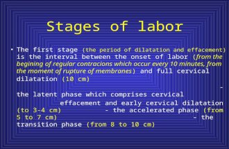 Stages of labor The first stage (the period of dilatation and effacement) is the interval between the onset of labor (from the begining of regular contracions.