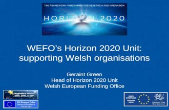 WEFO’s Horizon 2020 Unit: supporting Welsh organisations Geraint Green Head of Horizon 2020 Unit Welsh European Funding Office.