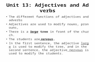 Unit 13: Adjectives and Adverbs The different functions of adjectives and adverbs Adjectives are used to modify nouns, pronouns, There is a large tree.