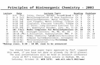 Principles of Bioinorganic Chemistry - 2003 You should have your paper topic approved by Prof. Lippard this week, if you have not done so already (by 10/12.