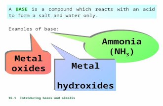 16.1 Introducing bases and alkalis A BASE is a compound which reacts with an acid to form a salt and water only. Examples of base: Metal oxides Ammonia.