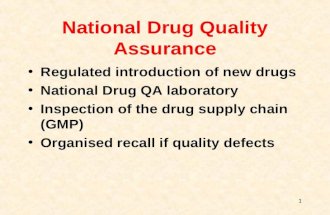 11 National Drug Quality Assurance Regulated introduction of new drugs National Drug QA laboratory Inspection of the drug supply chain (GMP) Organised.