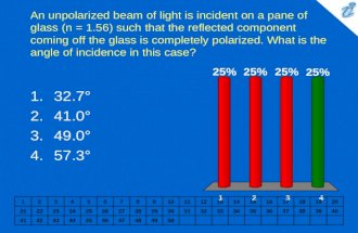 An unpolarized beam of light is incident on a pane of glass (n = 1.56) such that the reflected component coming off the glass is completely polarized.
