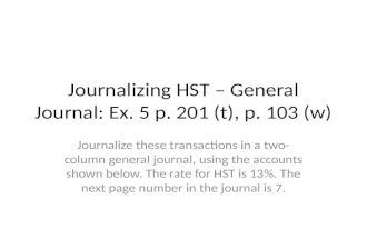 Journalizing HST – General Journal: Ex. 5 p. 201 (t), p. 103 (w) Journalize these transactions in a two- column general journal, using the accounts shown.