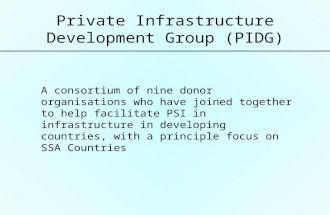 Private Infrastructure Development Group (PIDG) A consortium of nine donor organisations who have joined together to help facilitate PSI in infrastructure.