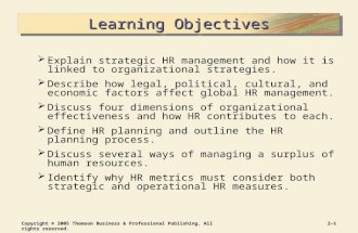 Copyright © 2005 Thomson Business & Professional Publishing. All rights reserved.2–12–1 Learning Objectives  Explain strategic HR management and how it.