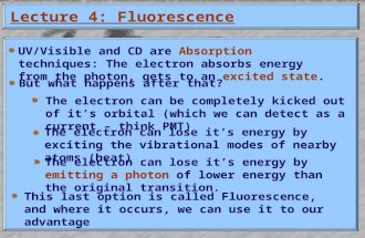 Lecture 4: Fluorescence UV/Visible and CD are Absorption techniques: The electron absorbs energy from the photon, gets to an excited state. But what happens.